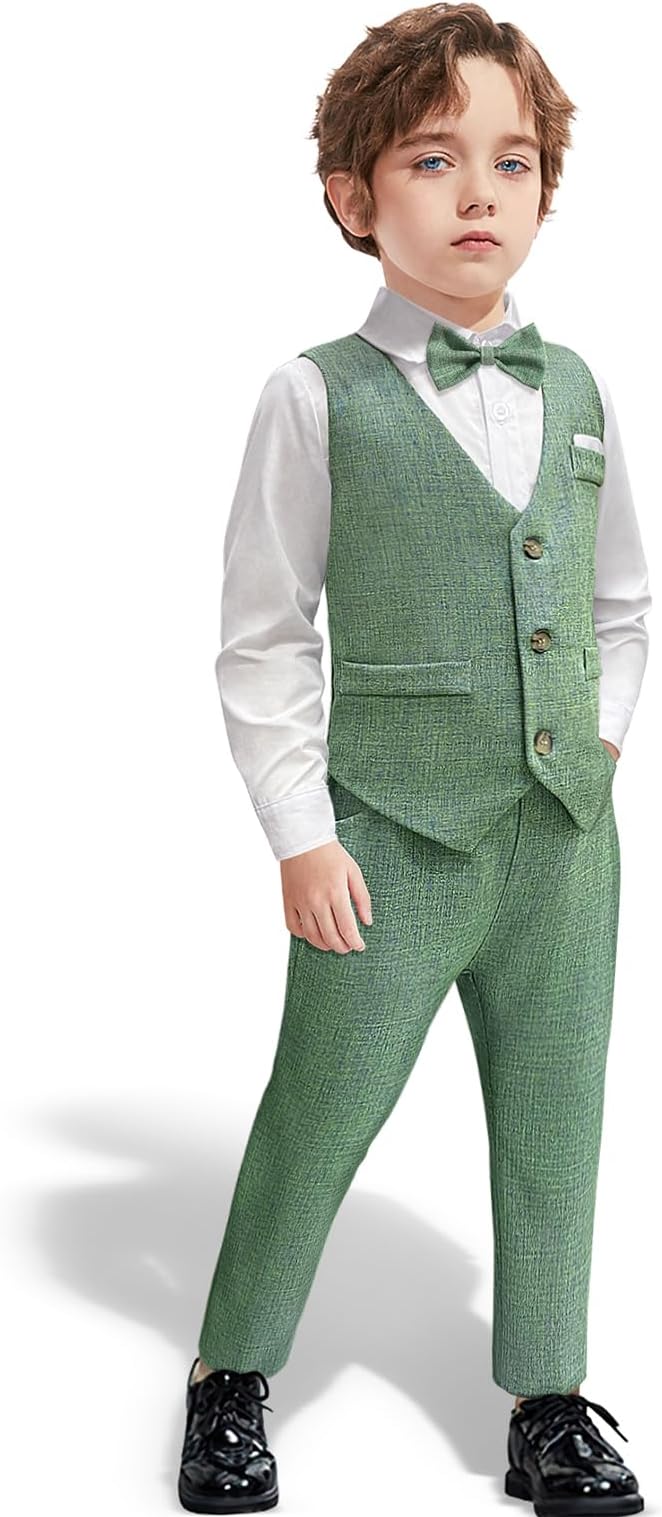 YilakuBoys Suits Ring Bearer Outfit Toddler Suits with Vest+Shirt+Pants Sets Kids Dress Clothes for 18 Months-9 Years Green White