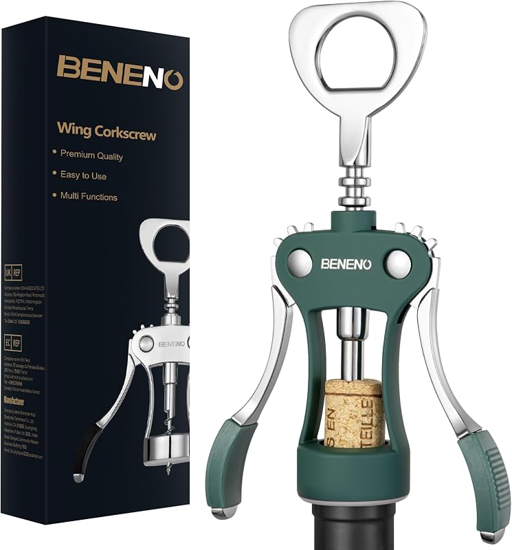 Beneno Wine Opener, Premium Wing Corkscrew Wine Bottle Opener, Dark Green