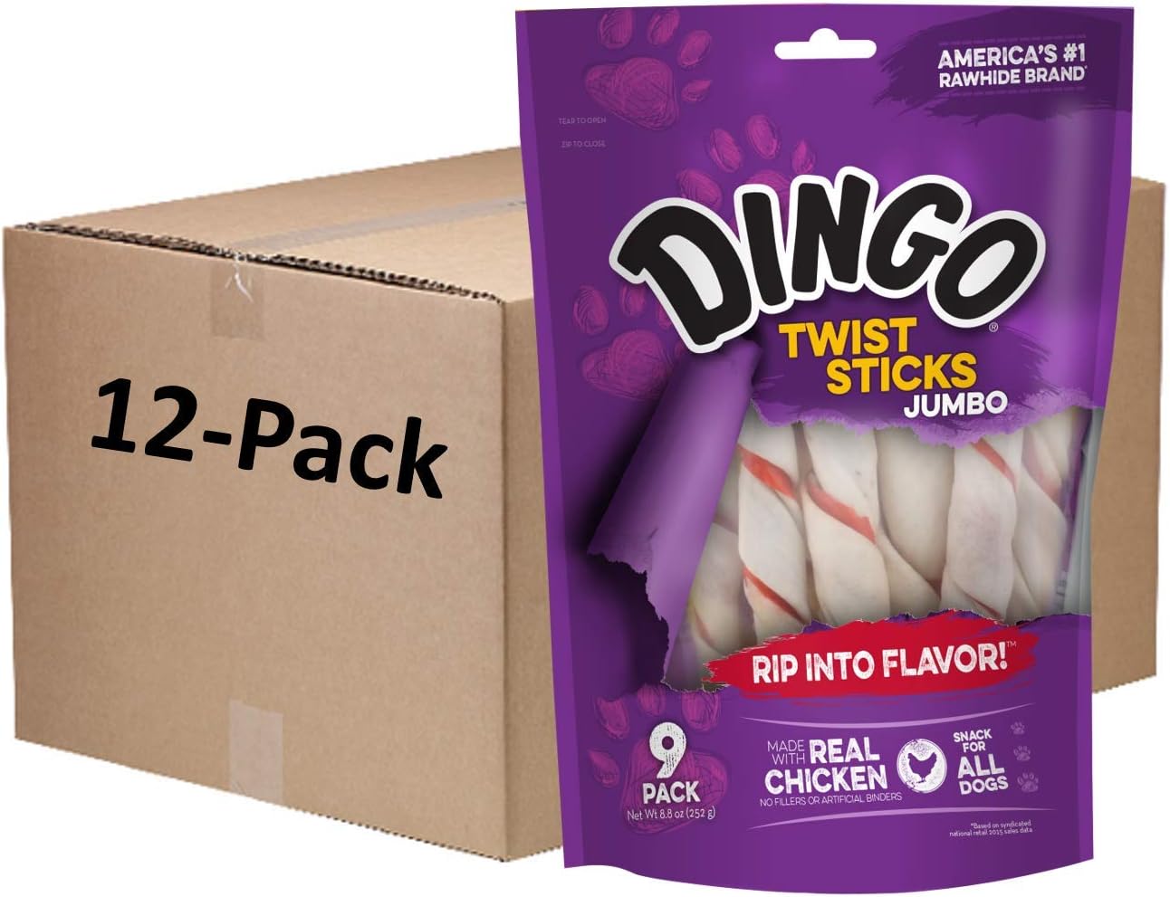 Dingo Twist Sticks Jumbo Rawhide Chews, 9Count, 12Packs