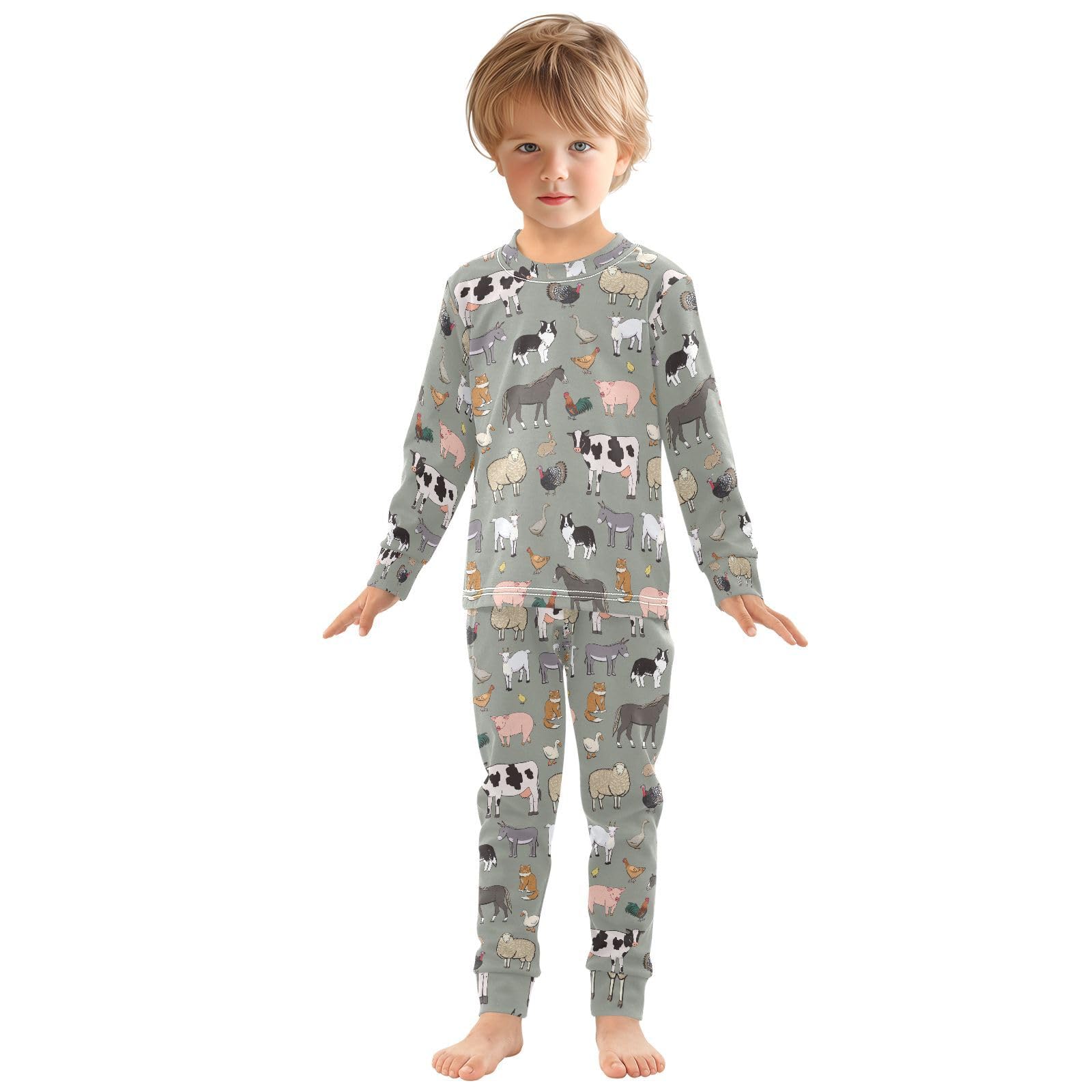 Mnsruu Pigiama per bambini con animali della fattoria con top e pantaloni a maniche lunghe, comodo pigiama in cotone per ragazzi e ragazze, pigiama unisex, 18 M