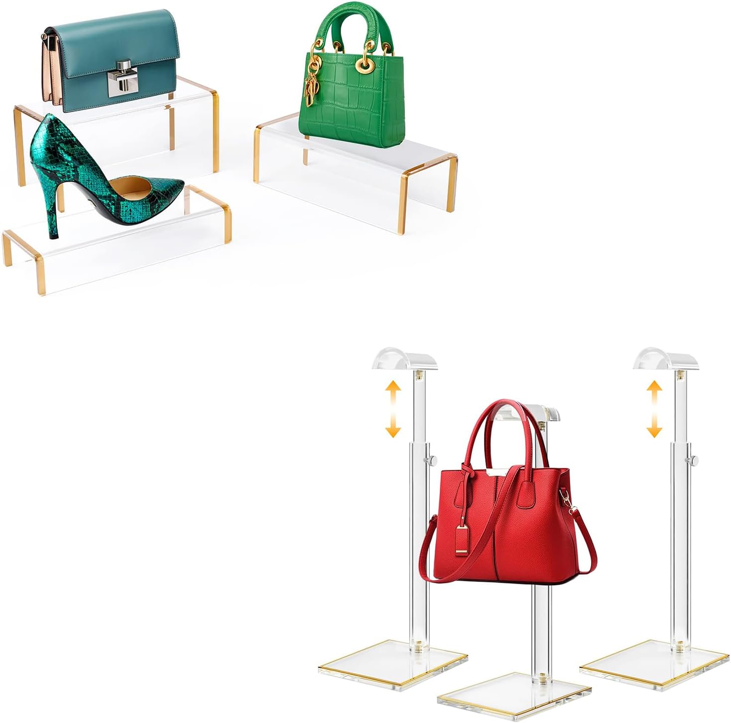 6mm Thick Clear Acrylic Risers Display Stands and 3 Pack 14" to 24"Adjustable Height Clear Purse Holder Stand