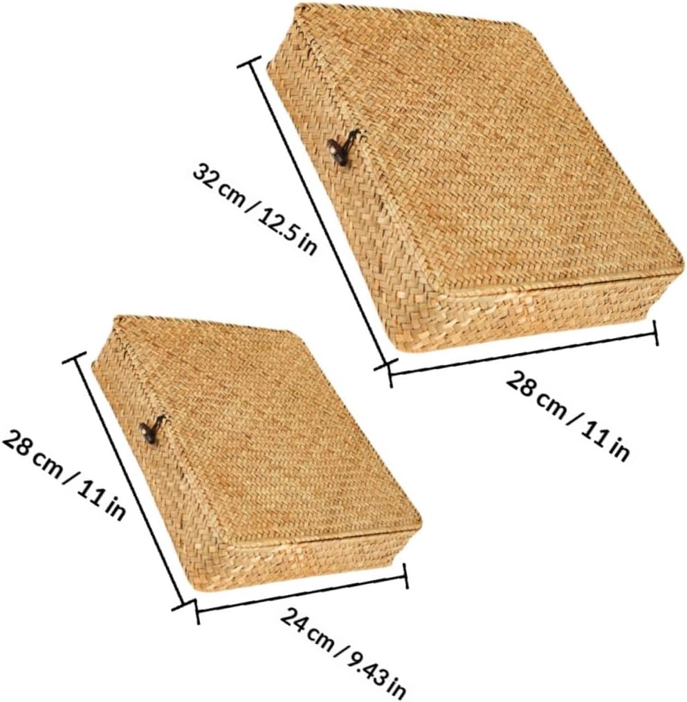 FOMIYES Woven Storage Basket Set with Lids, 2pcs Small and Large Rectangular Seagrass Baskets for Home Organization and Snack Storage, Decorative Stackable Shelf Bins for Living Room