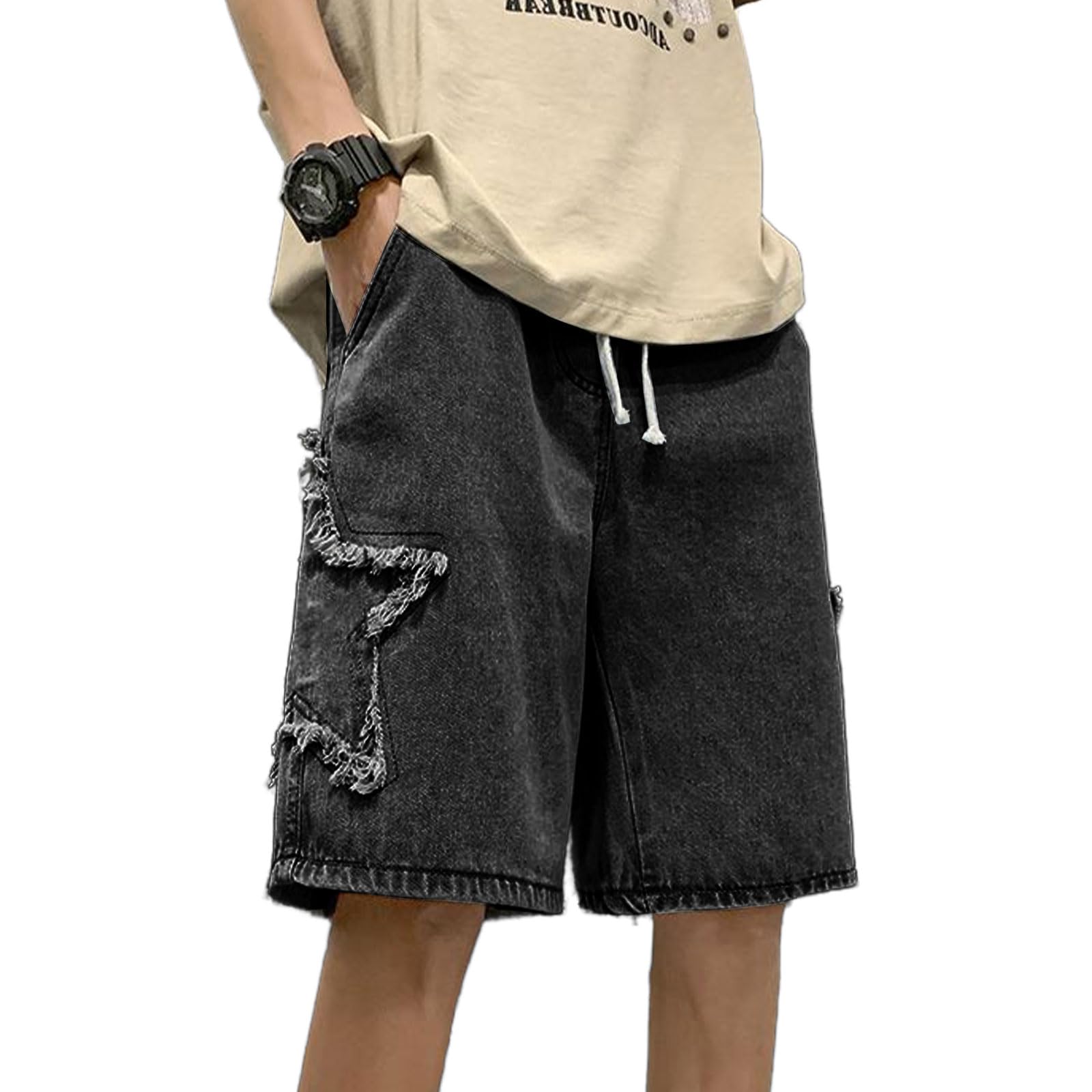Pantalones cortos de mezclilla bordados Y2K para adolescentes y niños, pantalones cortos de mezclilla con cordón, cintura elástica, pantalones cortos holgados