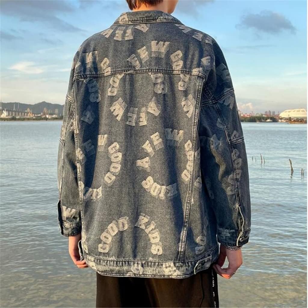 Full Print Men's Trend Denim Jacket Lapel Spring And Autumn Retro Tooling(M code)