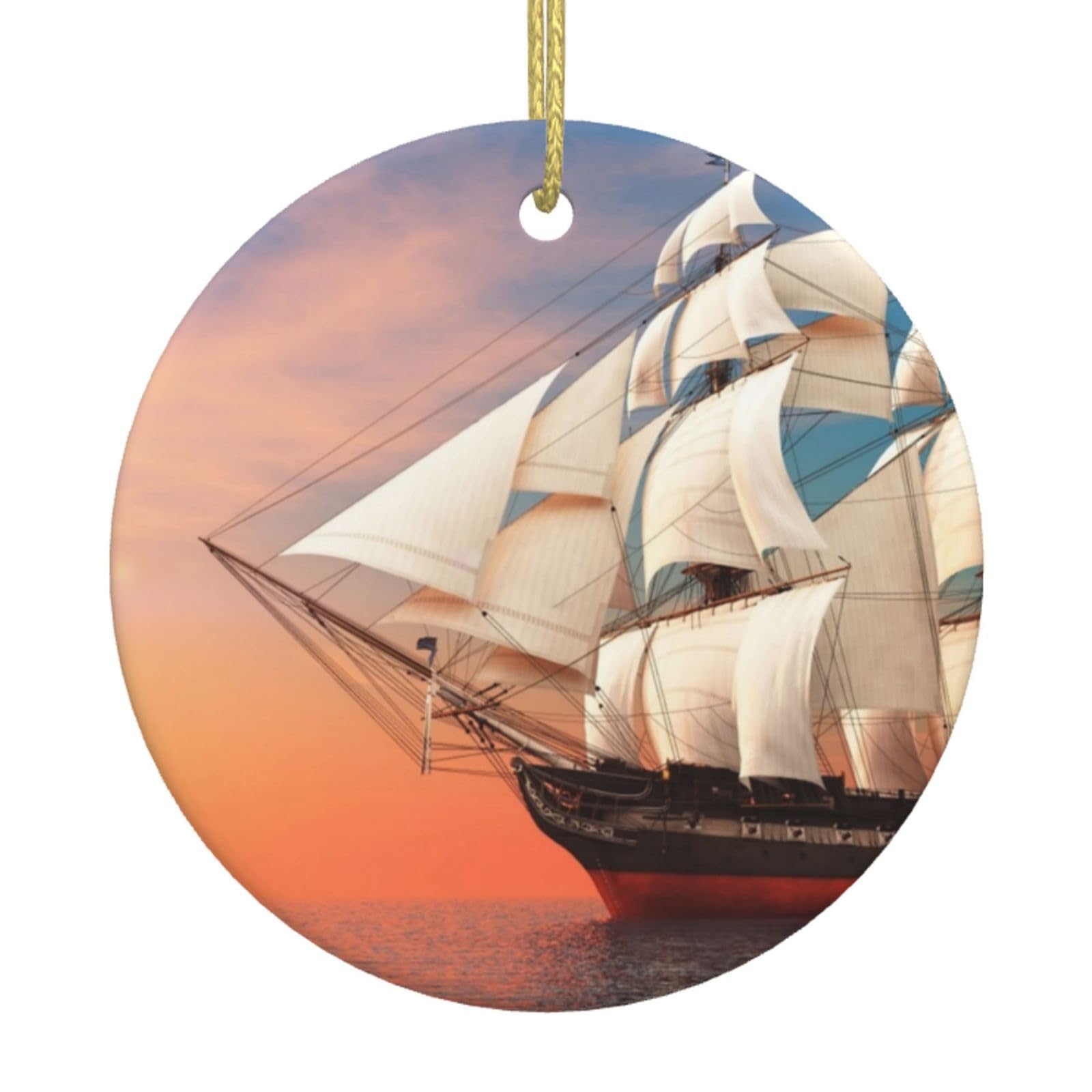 Circle White Ceramic Hanging Christmas Tree Decorations Bauble Sailing Ship With Sunset Xmas Ornaments For Festive Party New Year