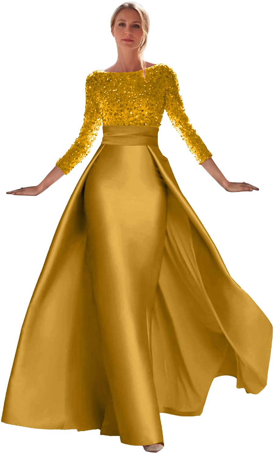 Sequin Long Sleeve Prom Dress Satin Mermaid Formal Evening Gown Ball Gown Elegant Fall Wedding Guest Dress