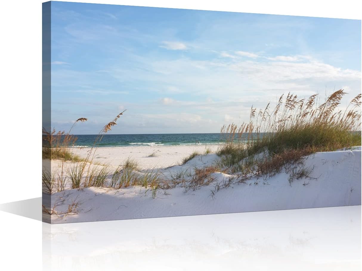 Beach Canvas Wall Art for Home Decor Artwork Sea Wave and White Beach on The Sunset Painting on Canvas for Dining Living Room Framed Ready to Hang 12x18inch (30x45cm)
