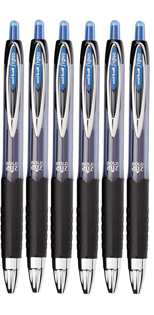 Uni-ball Signo 207 Roller Ball Retractable Gel Pens, Bold Point (1.0mm), Blue Ink, 6 Count,