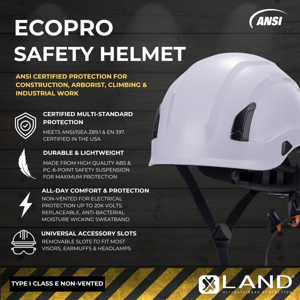 Land Helmets EcoPro Safety Helmet - Type I Class E Non-Vented Hard Hat - 6-Point Safety Suspension - ANSI Z89.1 & OSHA Compliant Construction Helmet