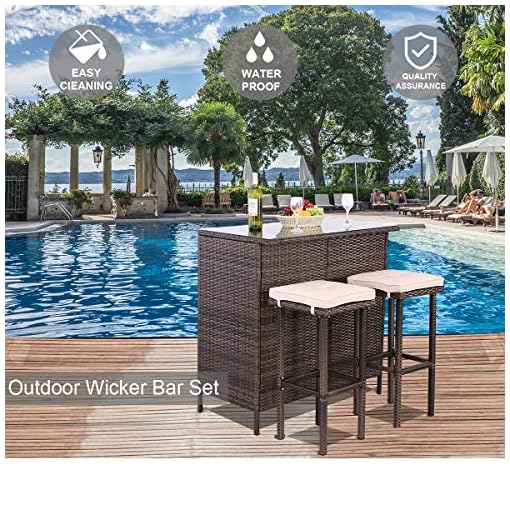Polar Aurora 3PCS Patio Bar Set with Stools and Glass Top Table Patio Wicker Outdoor Furniture with Removable Cushions for Backyards, Porches, Gardens or Poolside - Image 3