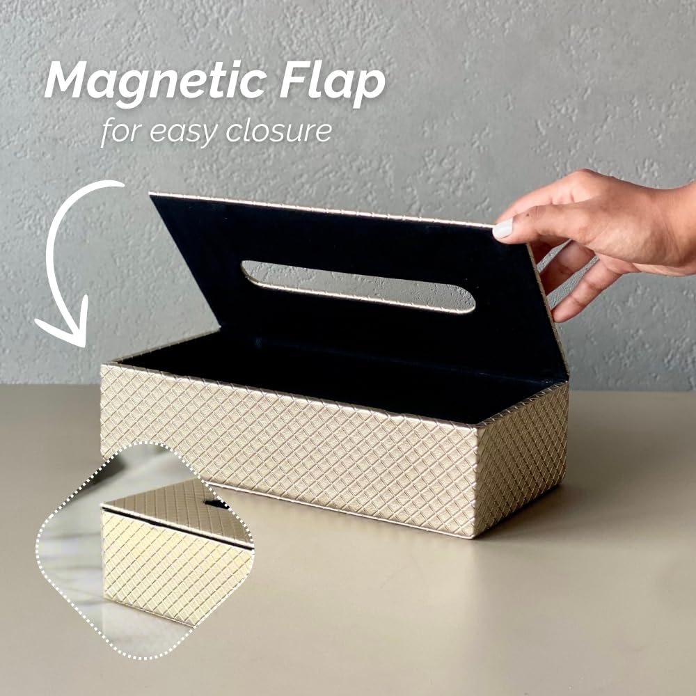 Mason Home Vegan Leather & MDF Braided Tissue Box - 1 Piece - L 10.5" x B 5.25" x H 3.5" | Paper Napkin Holder | Tissue Case - Dispenser - Organizer | Home - Office - Table - Car (Golden) 4