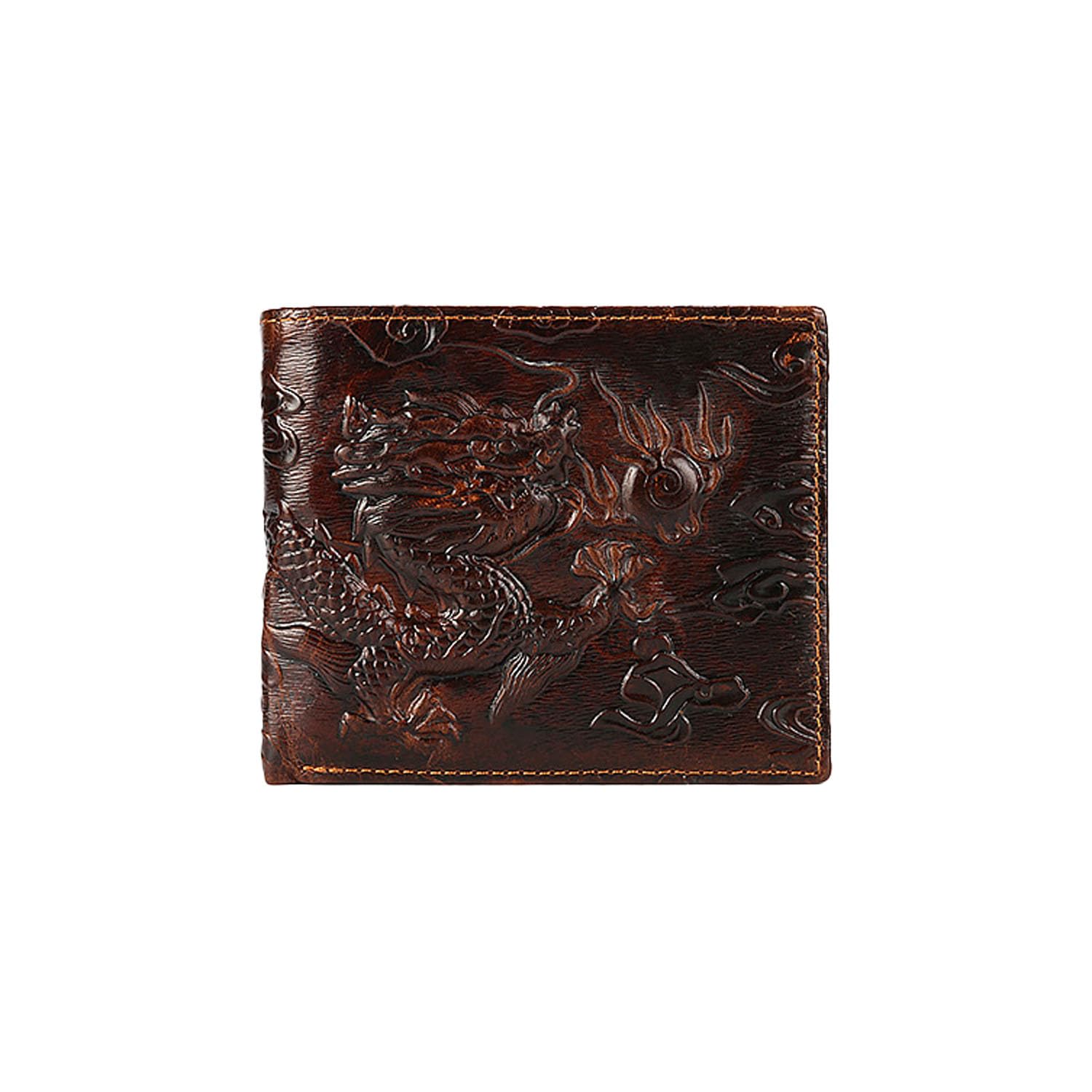 WJXFHTD Dragon Wallet, 3D Engraved Dragon Purse Vintage Billfold Dragon Notecase for Men Genuine Leather Wallet (Horizontal)