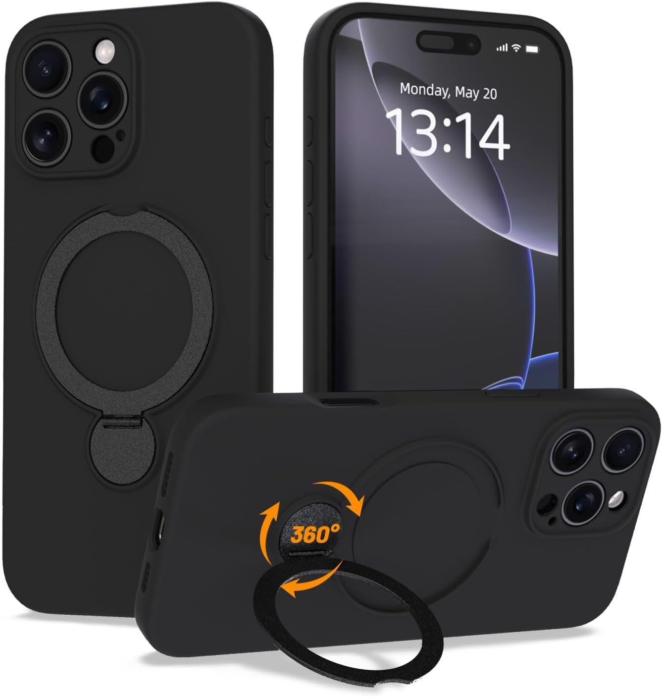 Upgraded 360° Spin for iPhone 15 Pro Silicone case with Invisible Stand, Soft Anti-Scratch Microfiber Lining Inside Phone Cover with Kickstand Rotatable for Women and Men, Black