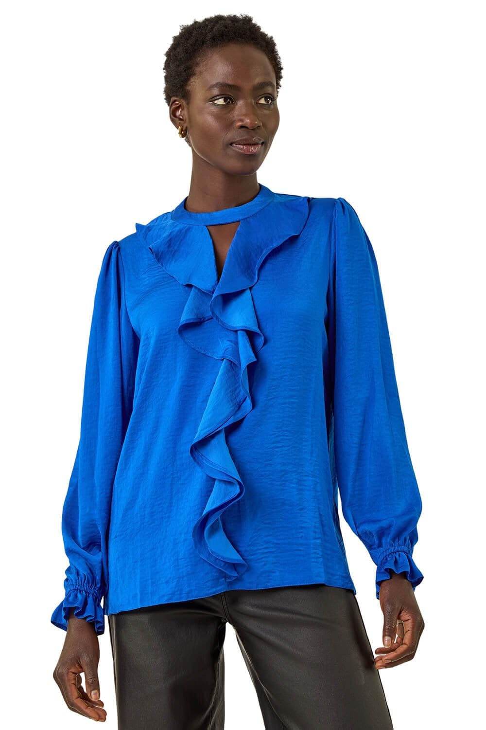 Roman Women's Ruffle Front Keyhole Satin Top in Royal | Size: 20