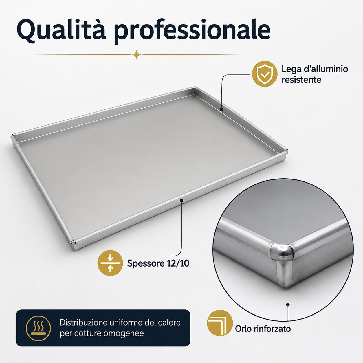 Teglia Rettangolare in Lega d'Alluminio Spessore 12/10 con Orlo, Argento, 40 x 30 cm 2 cm h, 1 Pezzo (40X30 2CM H ALLUMINIO 12/10)