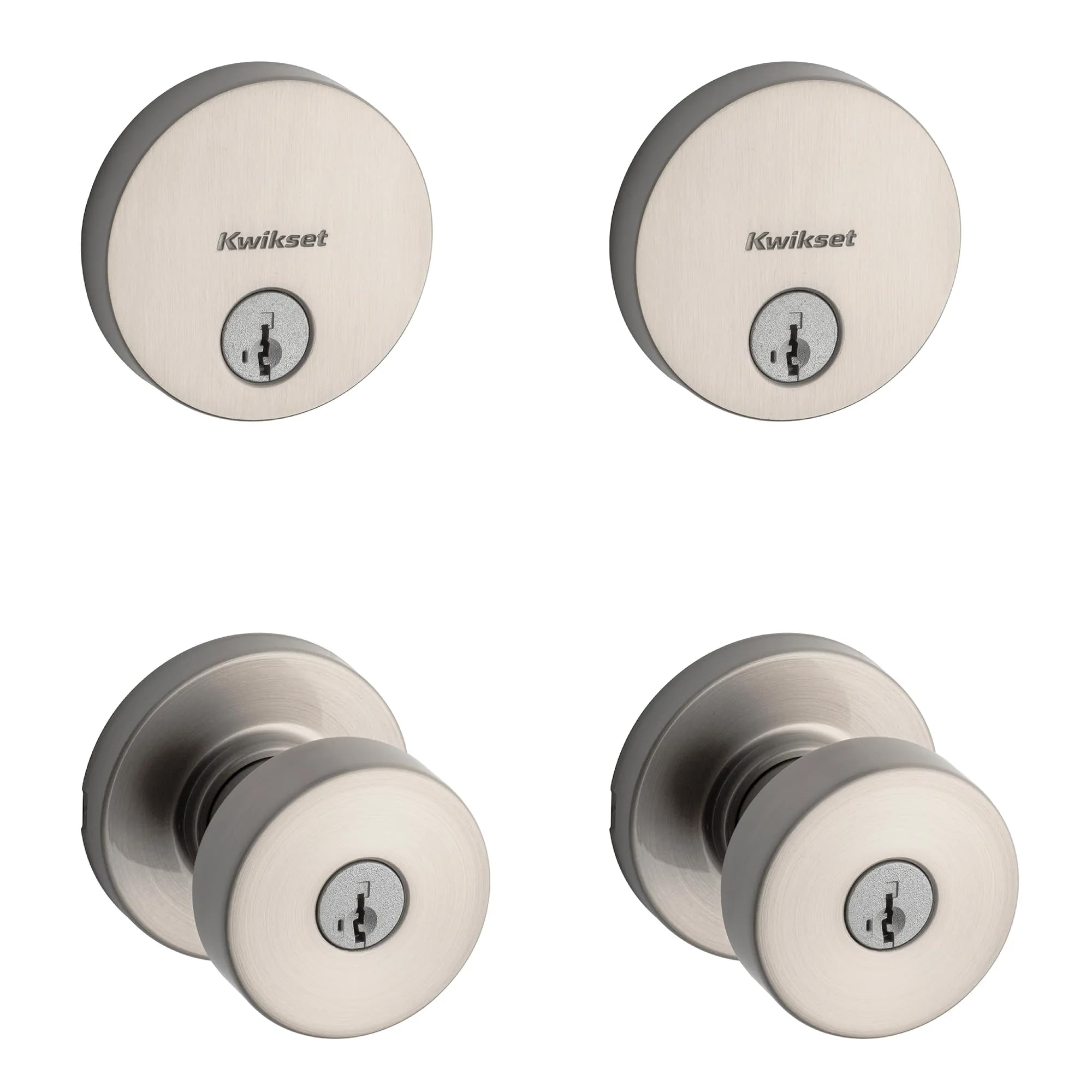Kwikset Pismo Round Front Door Lock Handle and Deadbolt Set, Entry Exterior with Interior Door Knob, Satin Nickel, Project Pack, Pick Resistant SmartKey Rekey Deadbolt Security