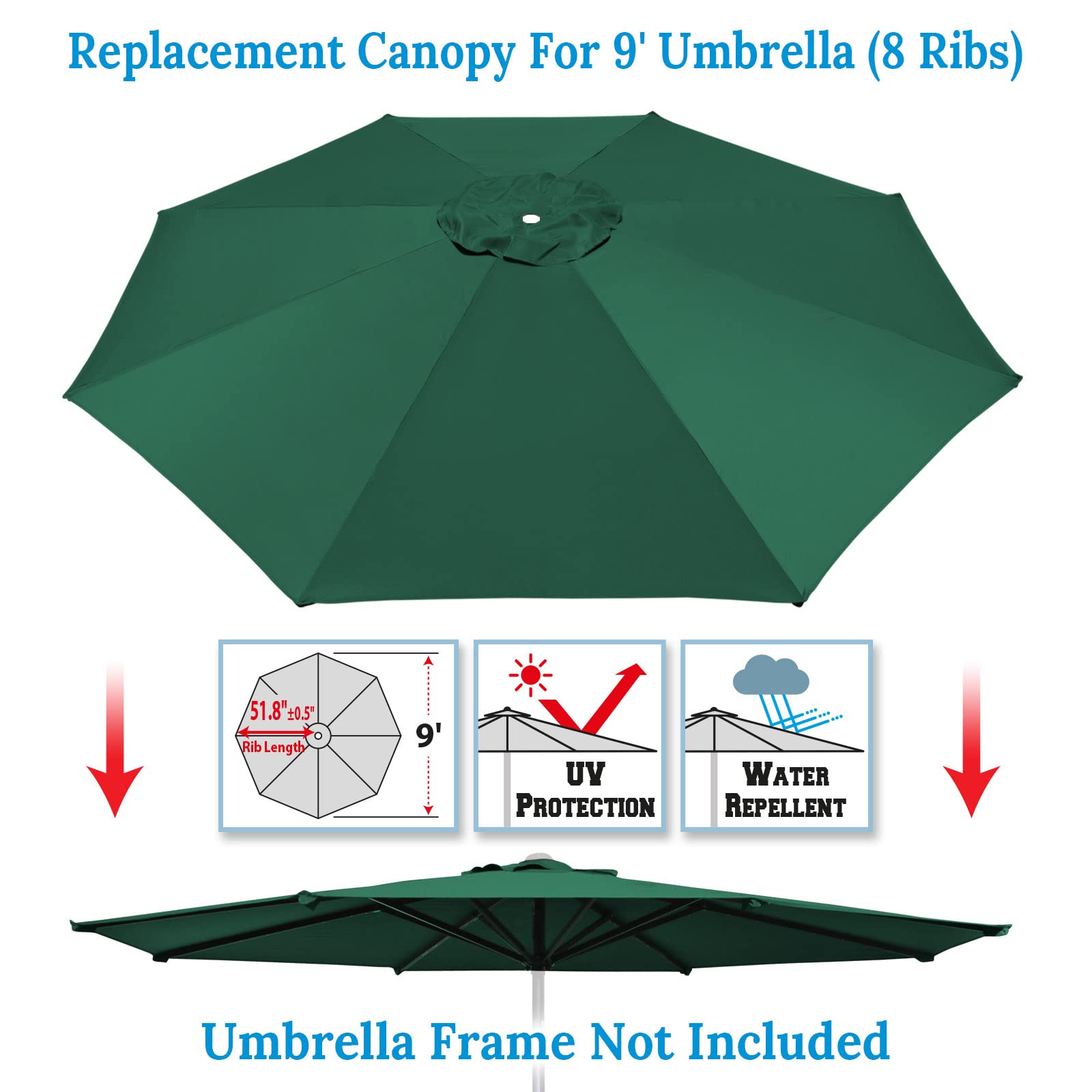 BenefitUSA 9ft Umbrella Cover Only for 8 Rib Outdoor Patio Umbrella Replacement Canopy Top (Green)