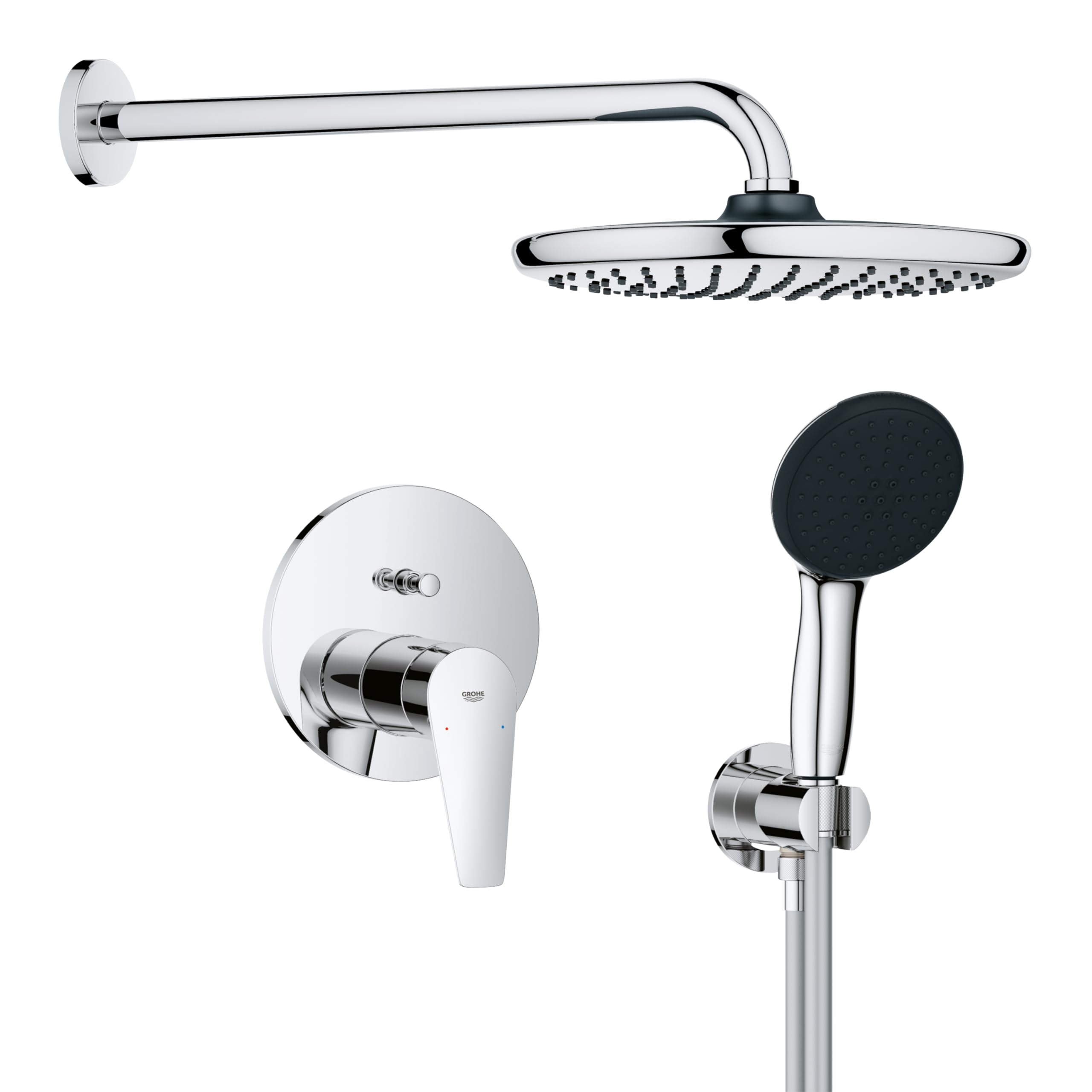 GROHEStart Edge - Concealed Shower System with 1 Lever Mixer and 2-Way Diverter (Shower Arm, 25 cm Head Shower, 11 cm Hand Shower 2 Sprays, Outlet Elbow 1/2" with Holder, Hose 1.5m), Chrome, 25293000