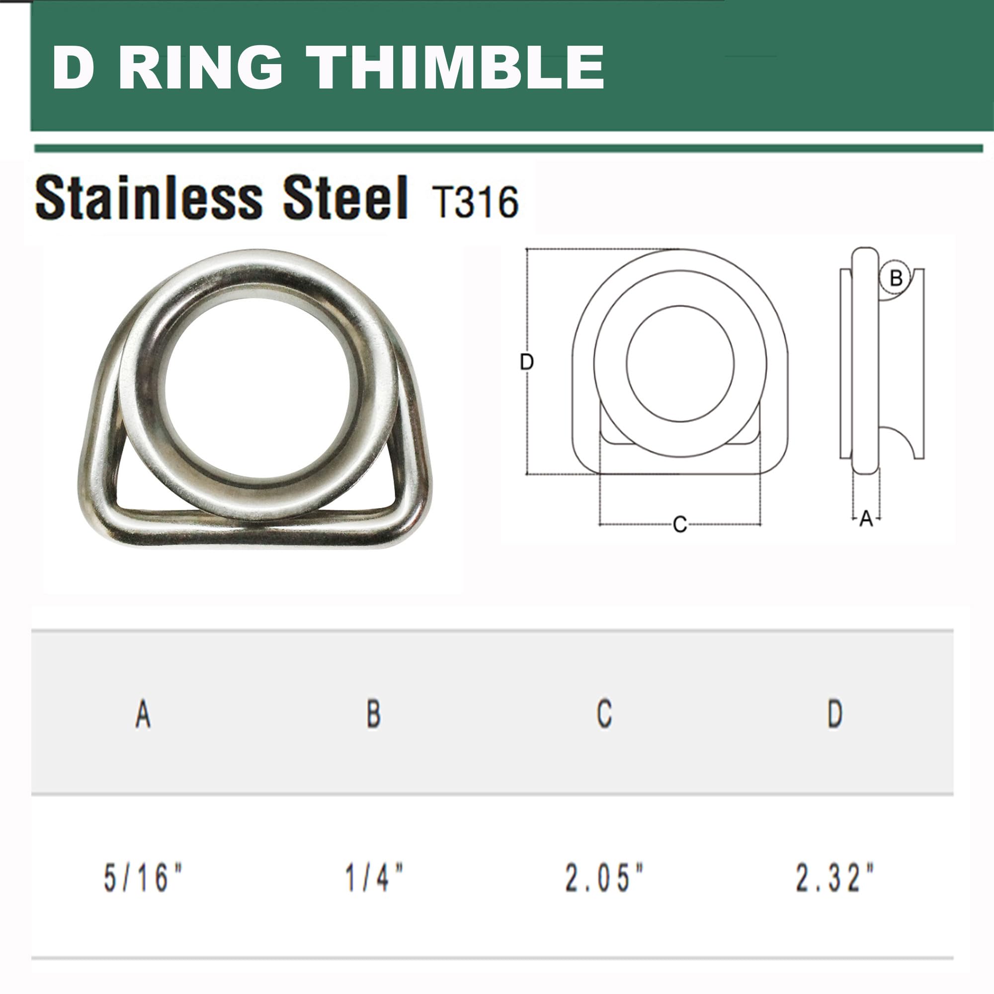 5 Pc Stainless Steel Marine Boat 5/16'' D Ring Thimble Round Shave Wire Rope D-Ring