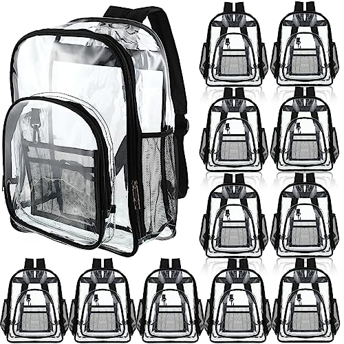 Image of Sadnyy 12 Pcs Clear Backpacks Bulk, Large Students School Bags, 17 inch, Black | PVC See Through Backpack, Transparent Bookbag for Donation Events, Classroom Stadium Supplies, Work Group Use