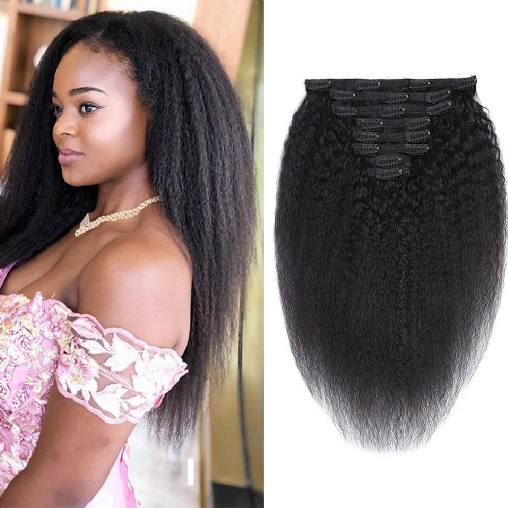 Real Human Hair Yaki Straight Clip In Hair Extensions 100% Human Hair 8 pieces 120gram/set 10A Grade for Thin Hair Natural Color for Black Women (14", Straight)