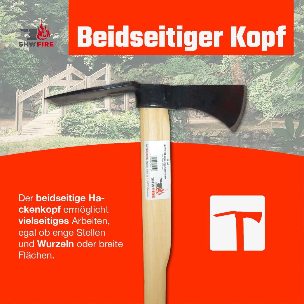 SHW-FIRE | Azada wiedehopf pequeña con hoja ancha, acero especial forjado a mano, mango de madera de fresno de 135 cm, azada de jardín como herramienta de jardín y removedor de raíces - azada con