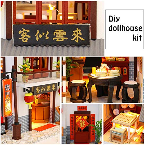 EZIZB 3D Wooden House Jigsaw Puzzle DIY Longmen Inn Handmade Wooden House Model Innovative Toy Puzzle Assembled Birthday Gift