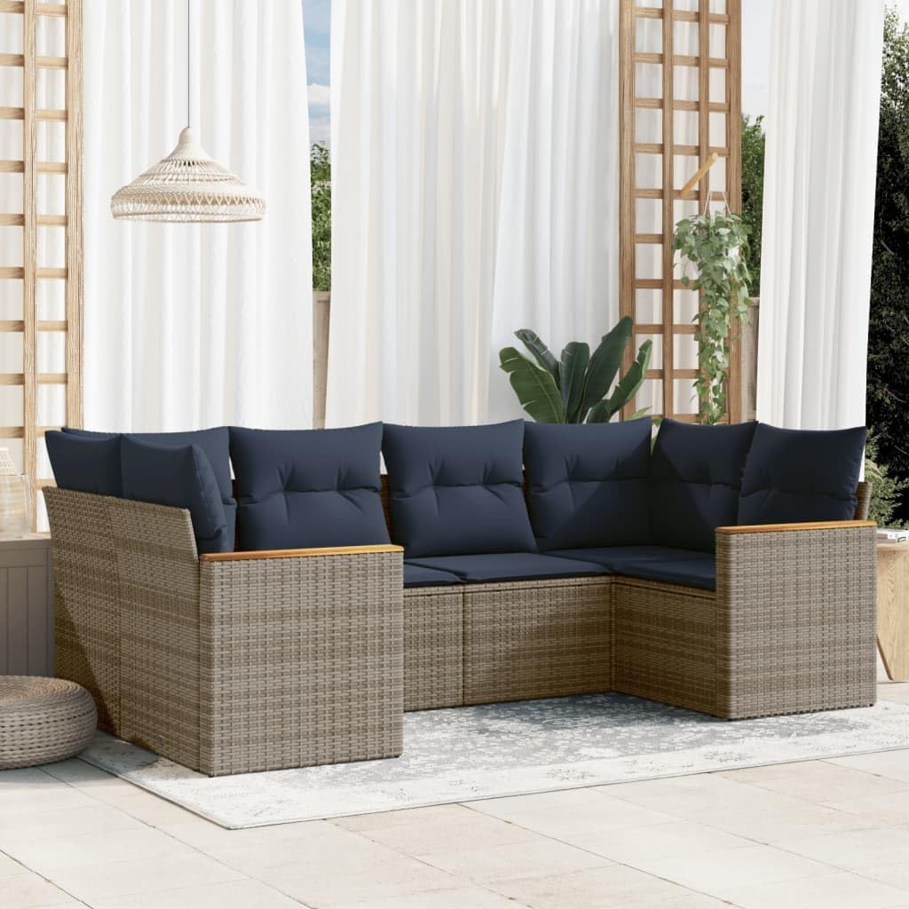 6 Piece Patio Sofa Set with Cushions Gray Poly Rattan, Modular Outdoor Furniture with Removable Washable Covers, Durable PE Wicker and Steel Frame for Garden Terrace Backyard