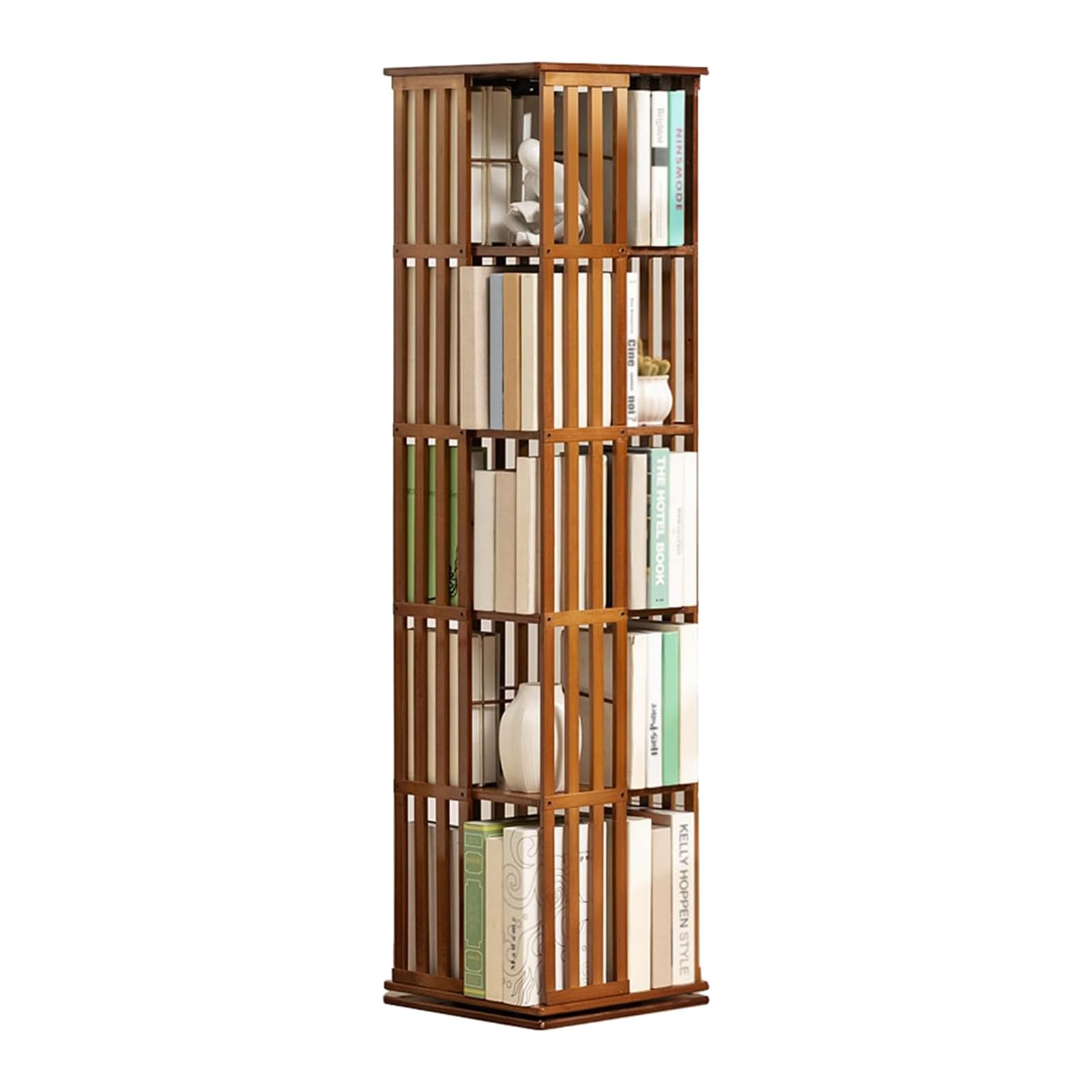 Drehbares Bücherregal aus Bambus – 5 Ebenen 360° Rotationsregal, platzsparendes Standregal für Schlafzimmer, Wohnzimmer & Arbeitszimmer (37x37x149cm)