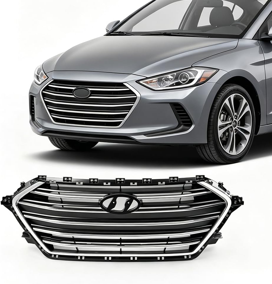 PIT66 Front Upper Grille Fit Hyun.dai Elantra 2017-2018, Chrome Black