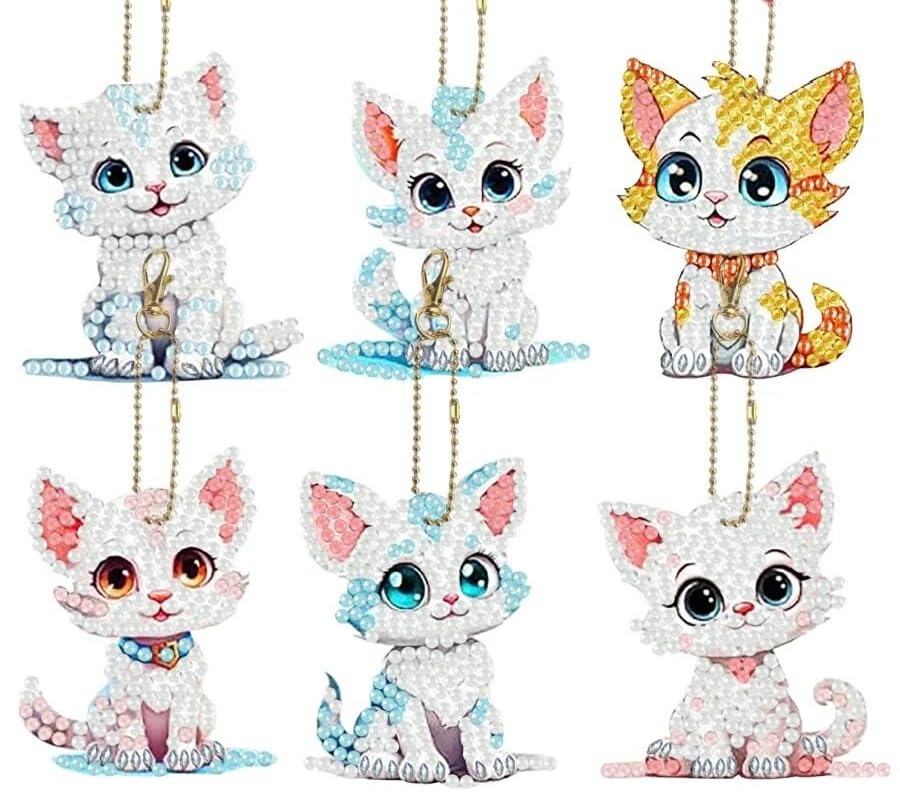 6個セット ダイヤモンドアート猫 動物 キーホルダー DIY キット ねこ ラインストーン キラキラビーズ チャーム ダイヤモンド塗装 ペンダント
