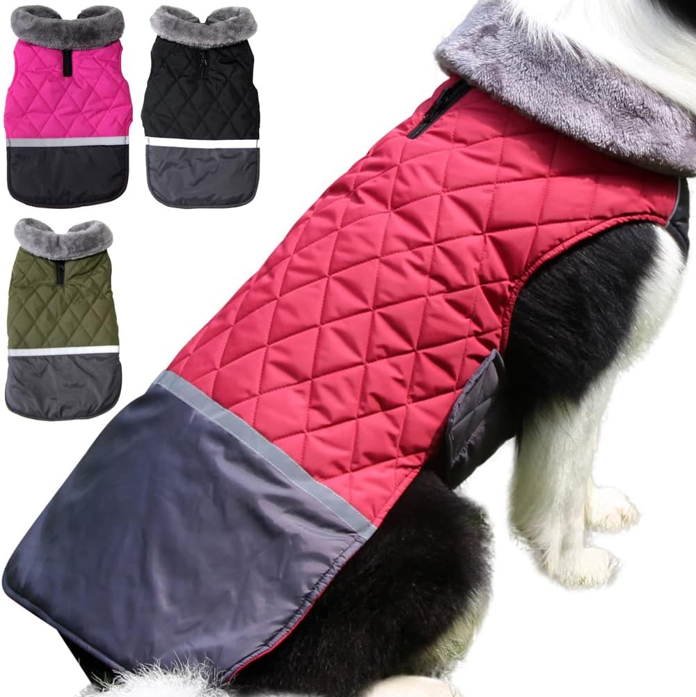 JoyDaog Fleece Collar Reversible Dog Coats for Large Dogs Waterproof Warm Doggie Jacket for Cold Winter,Red XL