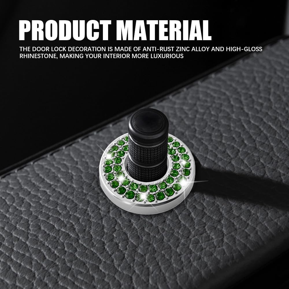 4PCS Bling Car Inner Door Lock Covers, Rhinestones Pull Rod Bolt Decoration Stickers, Bling Car Interior Accessories for Women Men, Compatible with Mercedes-Benz A/B/C/E Class GLC GLA GLK GLA (Green) image 3