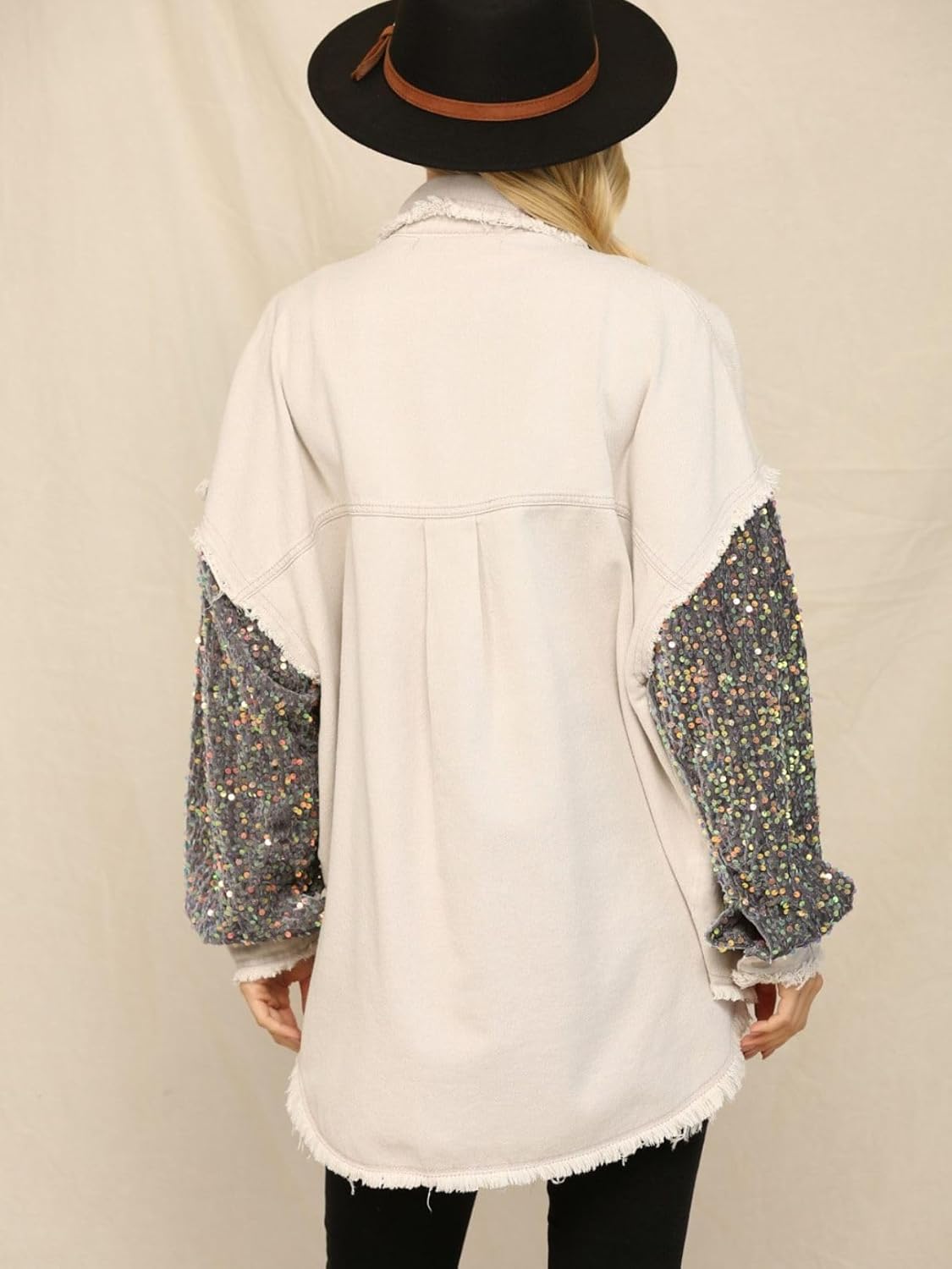 Women's Oversized Denim Jacket Long Sleeve with Sequin Sparkle Jean Coat Country Concert Shirt Jacket - Image 3