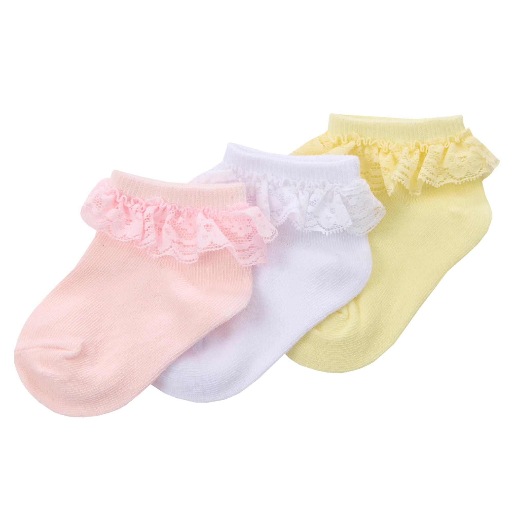 Metzuyan WS-SS25 Baby Girls 3 Pairs Pastel Lace Trainer Liner Socks Cotton Rich Ruffle Frill Trim Low Cut Pink 3-5.5
