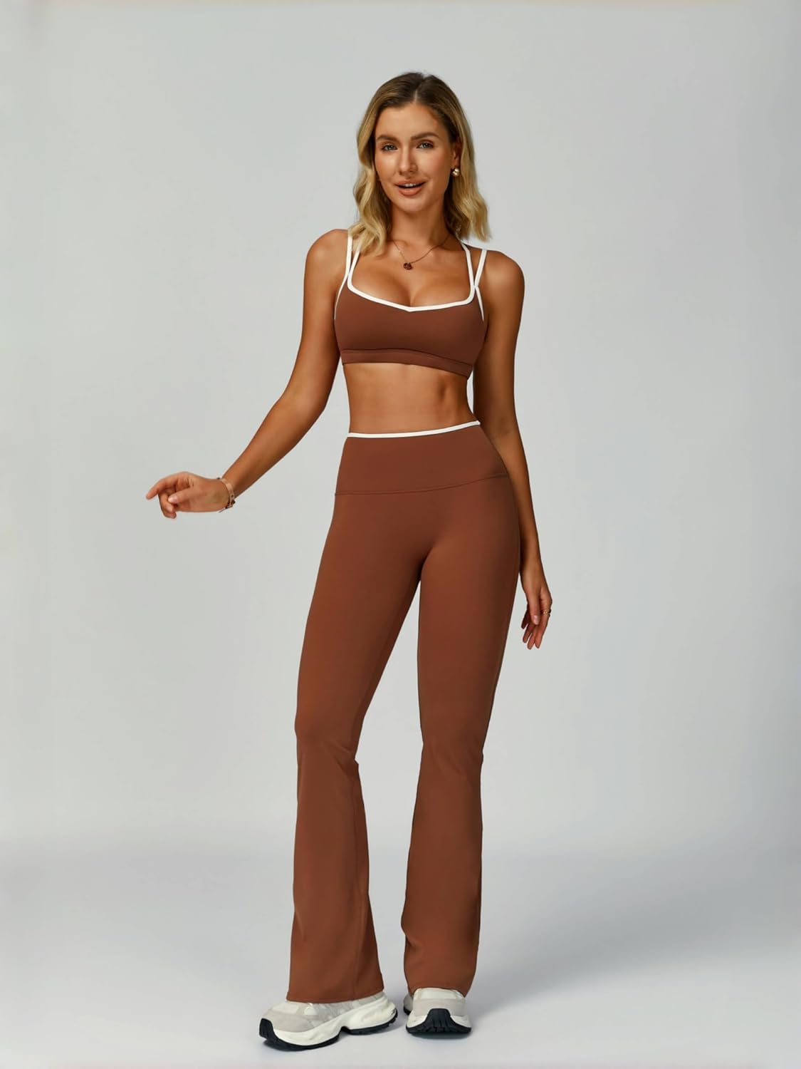 ABOCIW Workout Sets for Women 2 Piece Color Block Strappy Sports Bra High Waist Flare Leggings Gym Yoga Pilates Outfits - Image 3