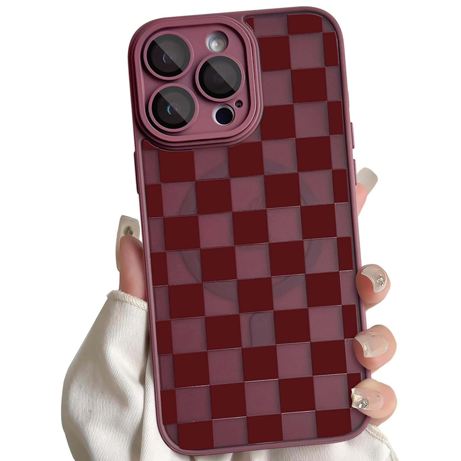 Lovmooful Funda Magnética para iPhone 14 Pro Bonito Cuadrados-Rojo Vino