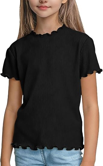 Girls Lettuce Trim Short Sleeve Shirts Summer Ribbed Knit Shirt Crewneck Casual T Shirt Solid Color Loose Fit Tops