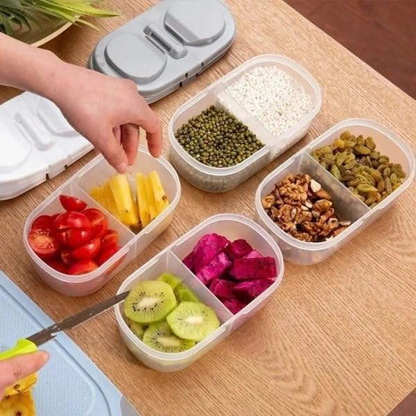 Image of Radha Govind 2-Sided Fridge Storage Box (Pack of 4) | 2-Compartment Stackable Plastic Storage Container |Multipurpose Organizer Box for Fruits, Vegetables, Snacks, Dry Fruits & Kitchen Storage