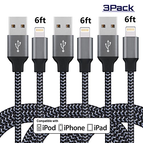 Alster 3Pack 6FT Lightning to USB Cable, Premium Nylon Braided Charging Cable Cord Compatible with iPhone 7/ 7 Plus/6/6s/6 plus/6s plus, iPhone 5/5s/5c,iPad, iPod and More (Black)