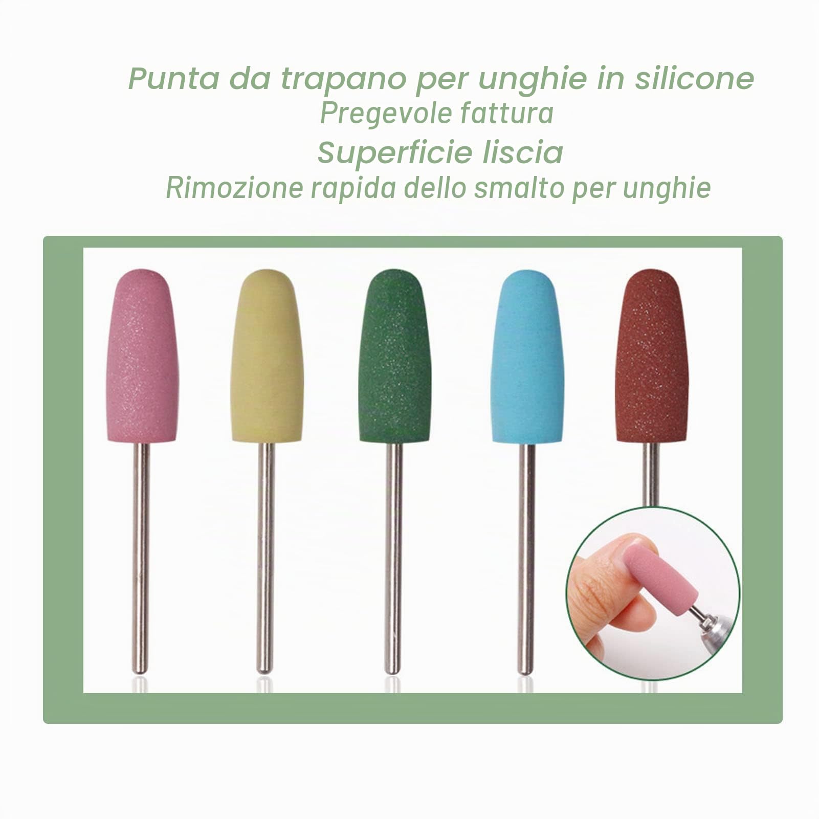 5 Punte per Levigatrice Unghie in Silicone – Accessori per Trapano Manicure e Pedicure, Abrasive per Gel, Lucidatura e Cuticole, Confezione 5 pezzi