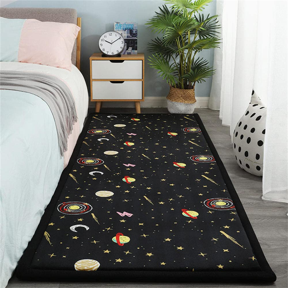 Tapis velours corail ciel étoilé noir de 200x200cm lavable et confortable pour enfants