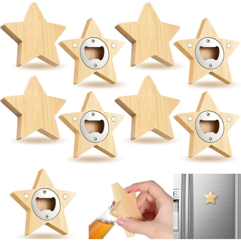 24 Piezas Abrebotellas Magnéticos 2.5in Forma de Estrella de Bambú DIY Abrebotellas de Cerveza Imán de Nevera
