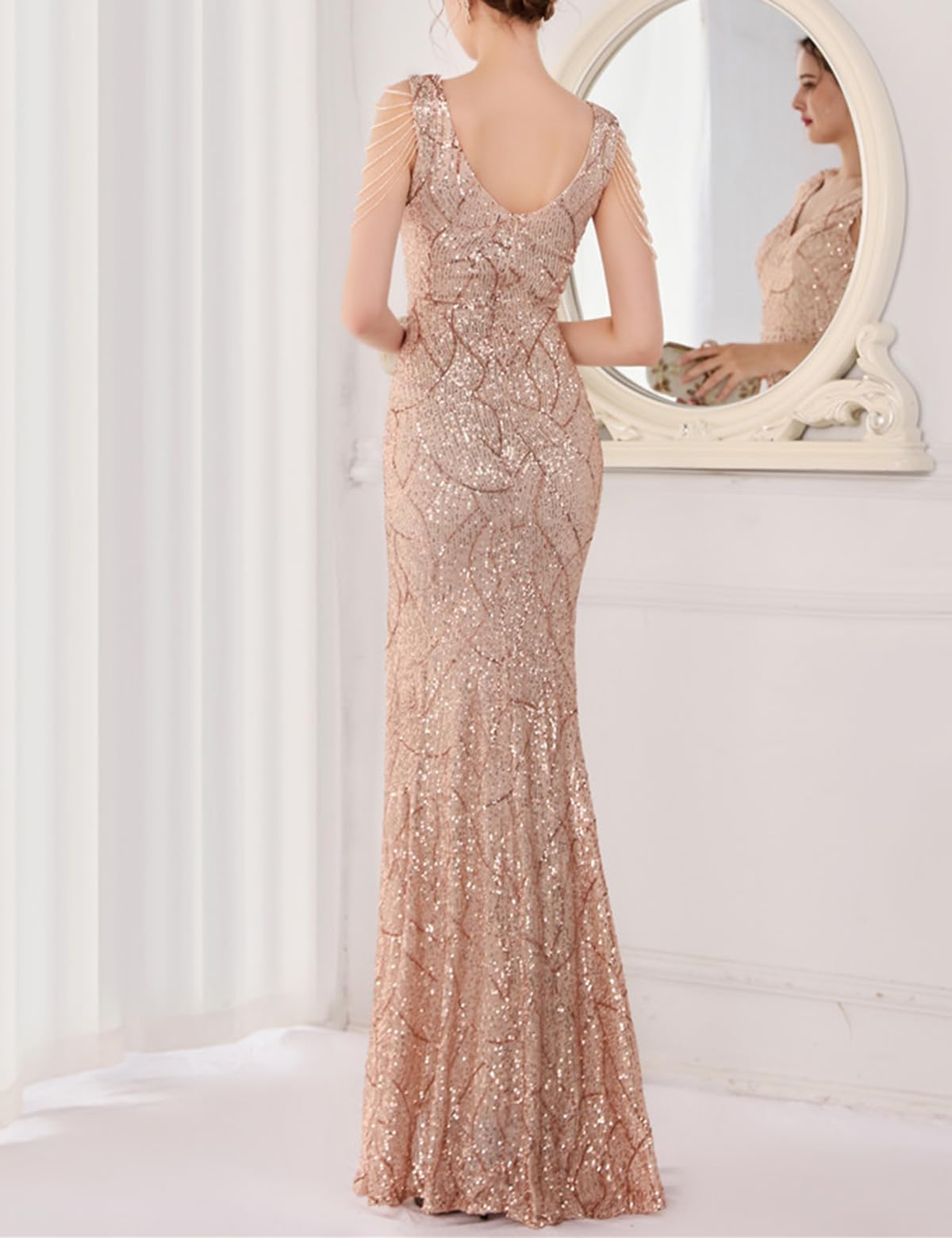 Abito da sera da donna anni '20, taglie forti, con nappe, maniche con paillettes, stile Gatsby, maxi abito da sera