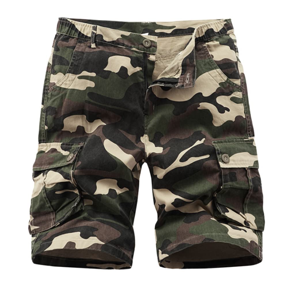 Icker Men's Brown Multi-Pocket Cotton Shorts Camo Cargo Shorts Loose Fit Camouflage Short,,32