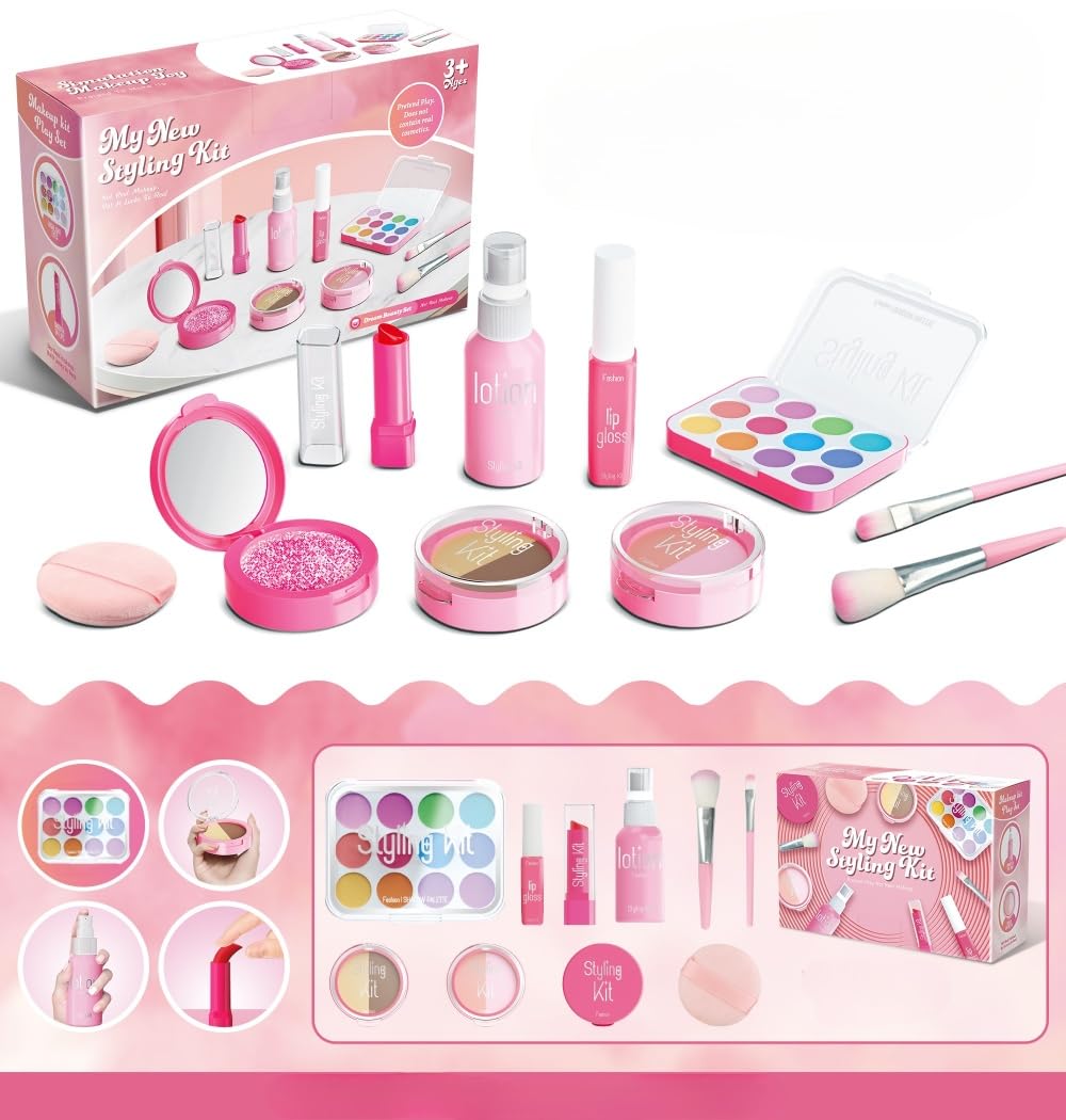 Makeup Kit for Girls, Pretend Makeup Toys for Toddles, Washable Make Up Toy for Grils 3 4 5 6 7 8 9, Play Cosmetic Set with Lipstick, Eyeshadow, DIY Accessories, Vanity Toys, Birthday Gift for Girls