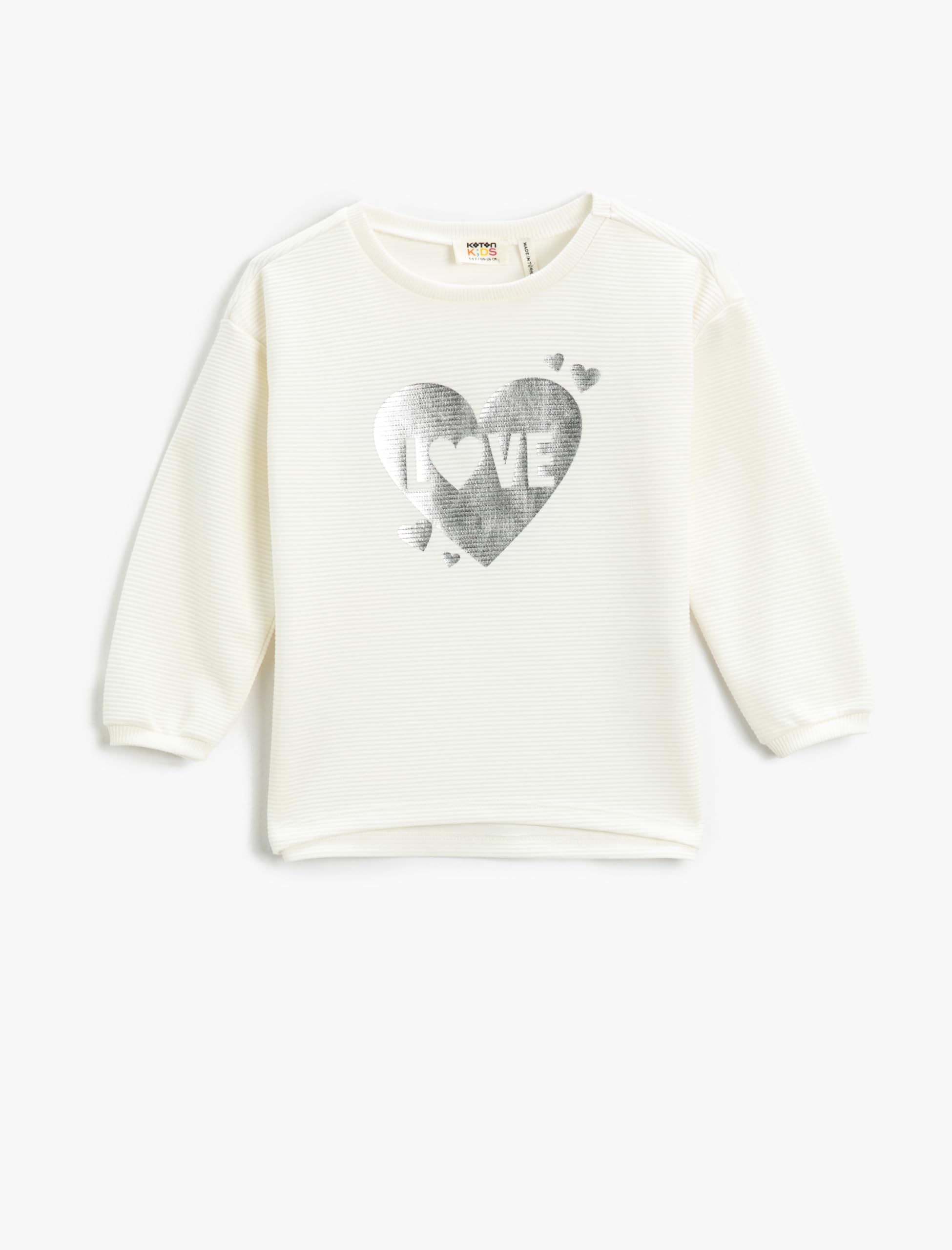 Ribbanalı Sweatshirt Parlak Kalp Baskılı Bisiklet Yaka