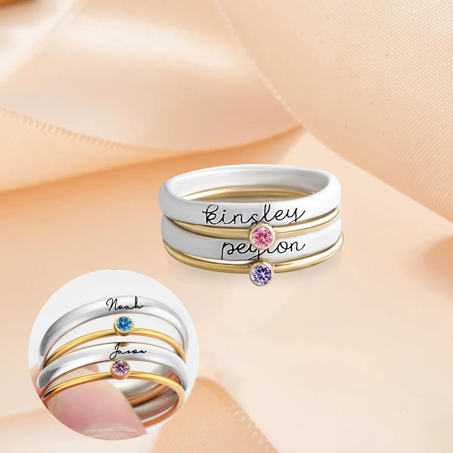 Promise Rings for Her Custom Engraved Birthstone Ring for Women Wife Mother Rings Custom Name Rings for Christmas Engagement Anniversary & Friendship Gifts (2-4 Rings)