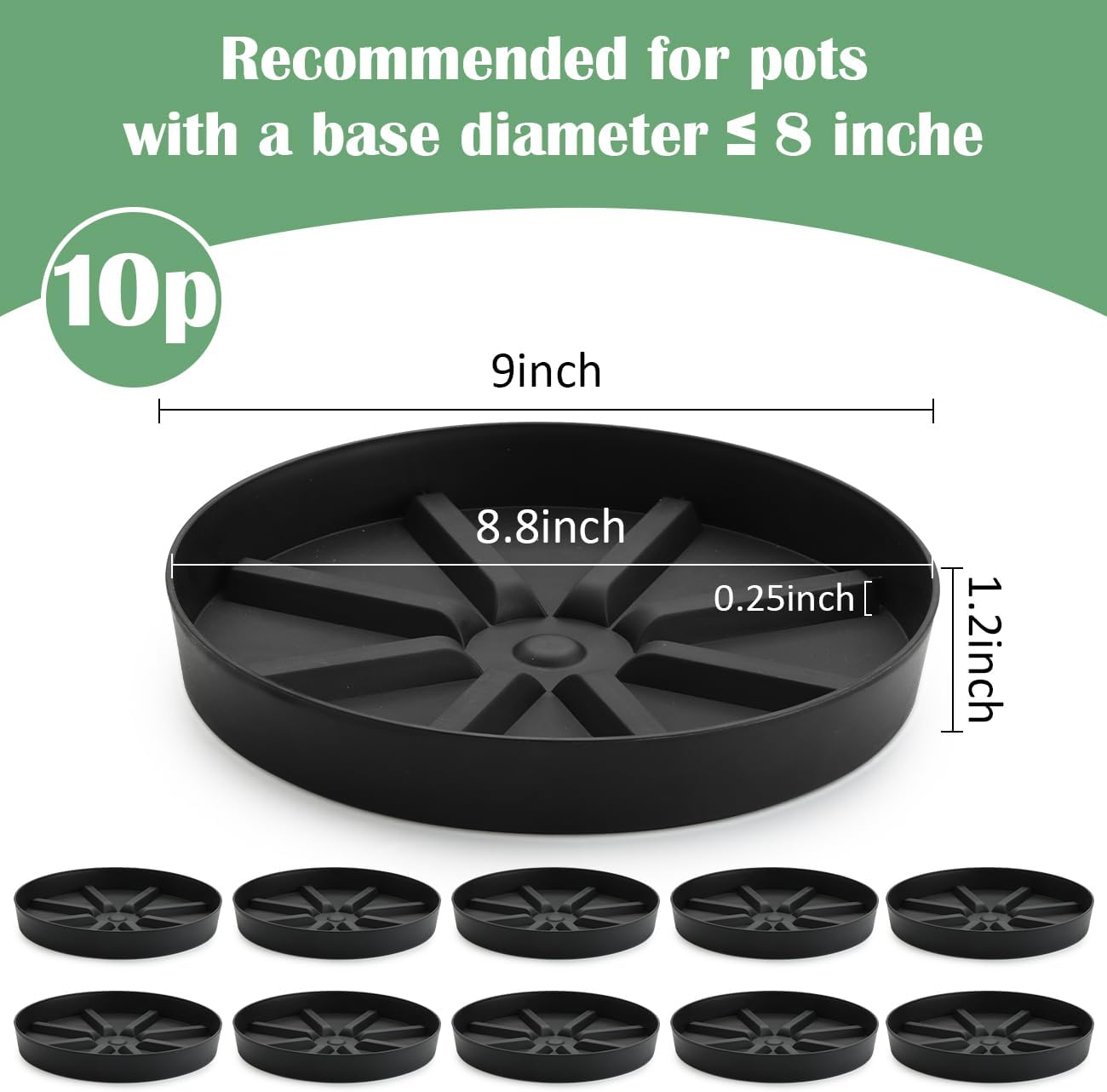 RooTrimmer Elevated Plant Saucer 10P, 9 Inch Round Pot Tray with Raised Base for Indoor Outdoor Potted Plants– Extra Deep Design to Catch Overflow Water, Thick Drip Plate for Succulents & Houseplants
