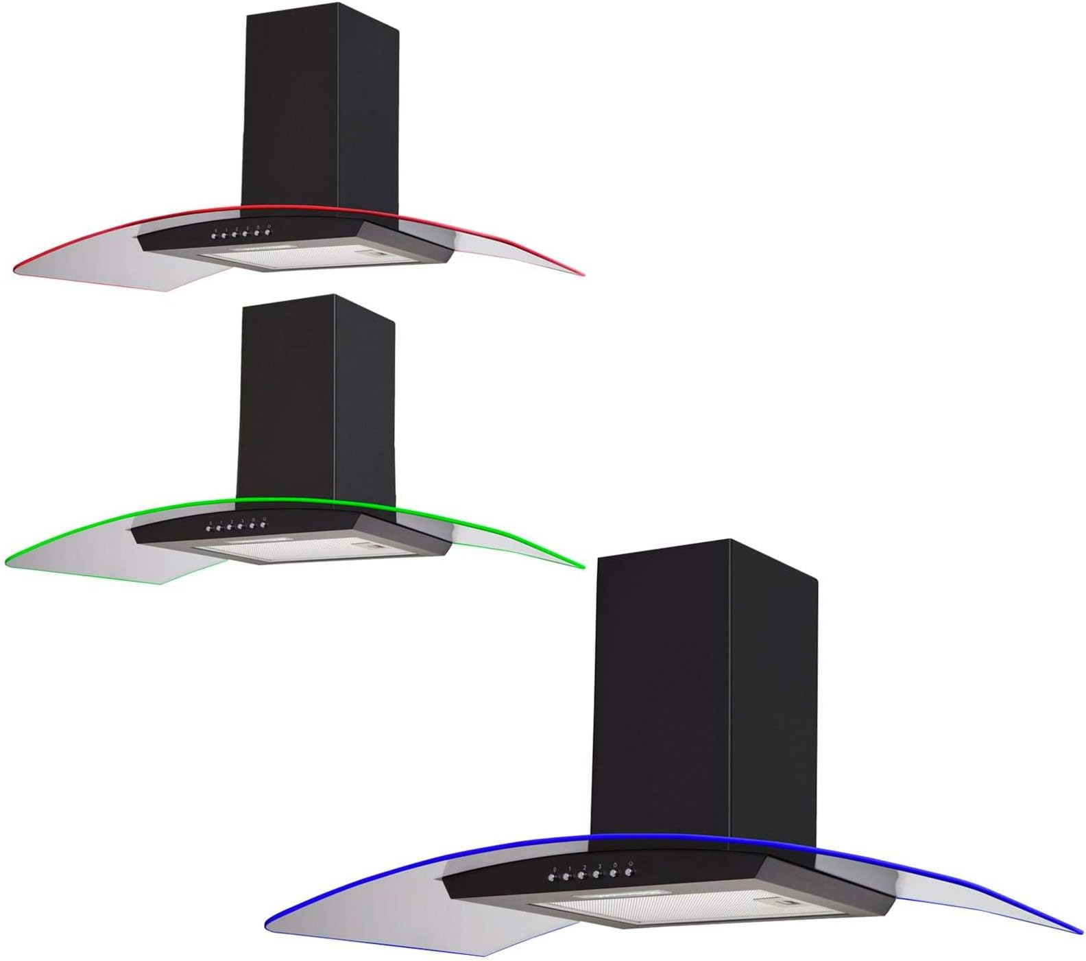 SIA 90cm 3 Colour LED Edge Lit Curved Glass Cooker Hood Extractor Fan in Black